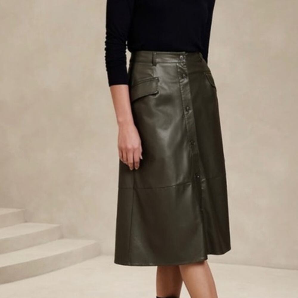 Banana Republic NWOT Olive Green Vegan Leather Button High Waist Midi Skirt